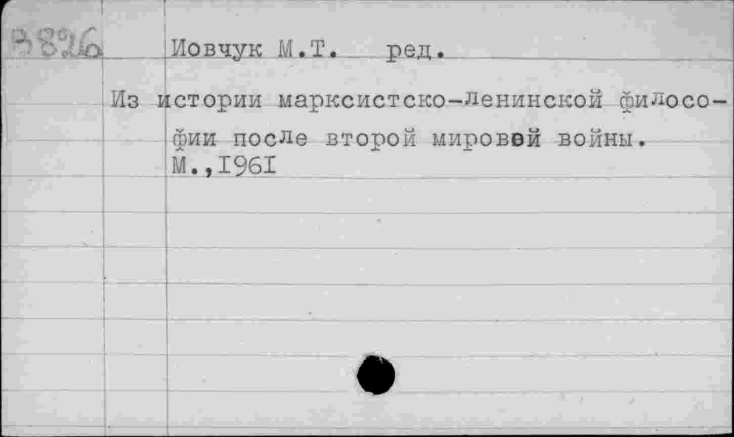 ﻿	и	Иовчук М.Т, ред.
	Из и	[стории марксистско-ленинской философии после второй мировей войны. М.,1961
		
		
		
		
		
		
		